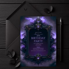 Gothic Lux Birthday Invitation | Elegant Purple & Black Digital Download | Dark Fantasy Party Invite Elevate your celebration with our Gothic Purple and Black Lux Birthday Invitation, featuring an enchanting purple design. Perfect for dark fantasy or Halloween-themed parties, this digital download is both versatile and easy to customize. This invitation embodies beauty with its intricate patterns and luxurious purple color scheme. The dark mystical feel is ideal for those who love the mysterious Dark Fantasy Party, Lila Party, Gothic Party, Fantasy Party, Gothic Themes, Birthday Aesthetic, Purple Color Schemes, Invitation Elegant, Birthday Party Printables