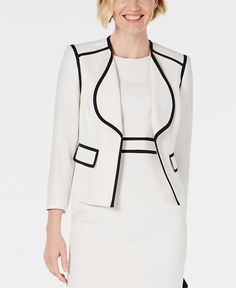 Outlined in fine contrast trim| every detail of this chic Kasper blazer stands out| so you can appreciate all of its smart lines.| Hits at hip; approx. length; 21-1/2| Wing lapel; open neckline and front; no closure| Contrast trim throughout Beige Suits, Blazer Beige, Work Jacket, Work Jackets, Wear To Work, White Blazer, Trendy Plus Size, Contrast Trim, Suits For Women