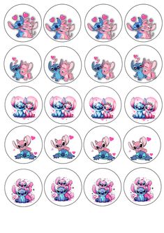 the pink and blue stickers are all in different shapes, sizes, and colors