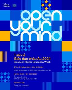 an open mind poster with blue and yellow squares