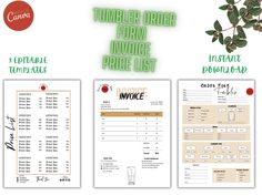 three order forms with the words invoice and an image of a plant on it