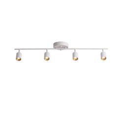 three light white track lighting fixture with four bulbs on each end and one bulb down