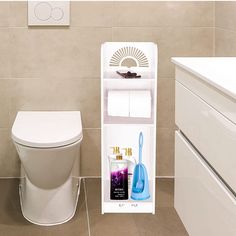 a white toilet sitting next to a sink and a shelf with items on it in a bathroom