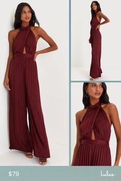 Leave everyone awestruck with the way you strut in the Lulus Confident Impression Burgundy Satin Pleated Halter Jumpsuit! Ultra-sleek, pleated satin shapes this impressive jumpsuit that features a tying halter neckline with a crisscrossing bodice that creates a flirty keyhole detail. Banded, fitted waist sits atop relaxed, wide pant legs that fall to ankle-length hems. Turn around to reveal a sexy open back design. Hidden back zipper/clasp. Fit: This garment fits true to size. Length: Floor leng Elegant Fitted Pleated Jumpsuits And Rompers, Elegant Pleated Jumpsuits And Rompers For Party, Pleated Fitted Jumpsuits And Rompers For Party, Jumpsuit Satin, Lulu Fashion, Halter Jumpsuit, Adhesive Bra, Wide Pants, Halter Neckline