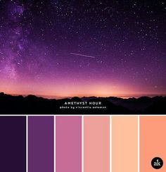 the night sky is filled with stars and purple hues, as well as an image of