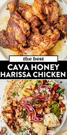 the best cava honey harissa chicken recipe is shown in this collage