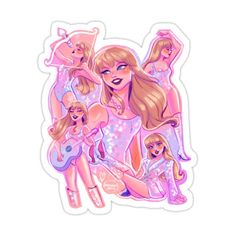 the barbie dolls sticker is shown in pink and purple colors, with one girl holding a guitar