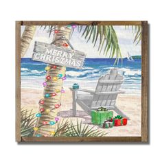 a beach scene with a chair and christmas lights under a palm tree on the beach