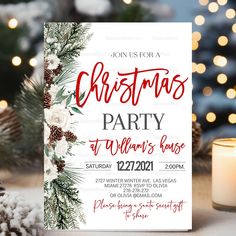 a christmas party flyer with pine cones and flowers on the table next to a lit candle