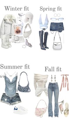 four different types of clothes with the words winter fit, spring fit and fall fit