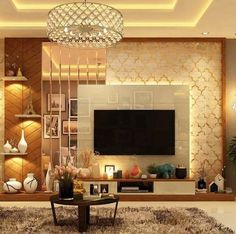 the living room is decorated in gold and white with an elegant chandelier hanging from the ceiling