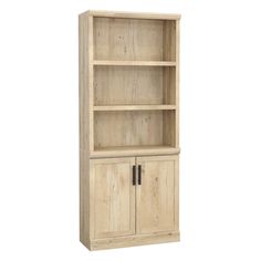 a wooden bookcase with two doors and drawers