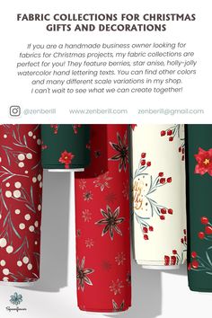 christmas wrappings hanging from the wall with text that reads fabric collections for christmas gifts and decorations