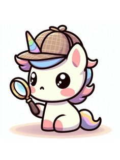 a cute little unicorn with a hat and a magnifying glass in its hand