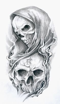 a pencil drawing of two skulls and a hooded skull