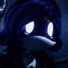 an animated character with glowing eyes and dark hair, holding a baseball bat in her hand