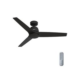 a black ceiling fan next to a remote control