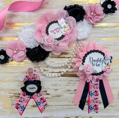 pink, black and white hair bows with personalized name on each one for girls