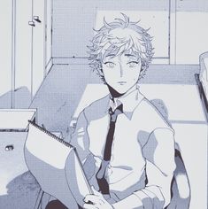 an anime character sitting on a chair in front of a desk with a notebook and pen