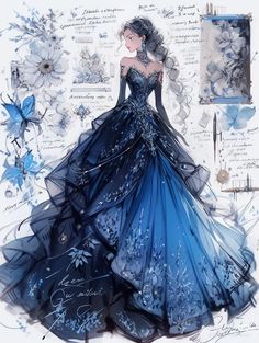 Blue Long Dress, Dreamy Gowns, Dress Design Drawing, Old Fashion Dresses, Fantasy Dresses, Fashion Drawing Dresses, Dress Design Sketches, Fashion Illustration Dresses, Dress Sketches