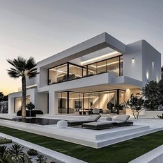 a large white house sitting on top of a lush green field next to palm trees