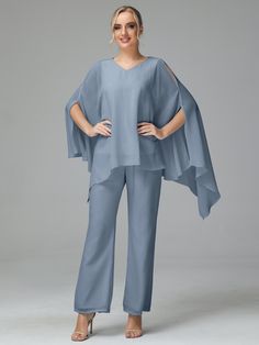 Dusty_Blue Summer Blue Chiffon Sets, Suits Details, Modern Mother Of The Bride, Elegant Suit, Chiffon Pants, Dress Pant Suit, Mother Of The Bride Outfit, Floor Length Skirt, Half Sleeve Dresses