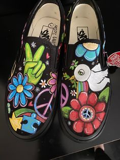 size 9 women's as shown. any size is available. hand painted and custom ! 4-6 weeks to create and have ready to ship out to you! Vans Design, Custom Painted Vans, Hippie Vans, Sully And Boo, Pet Urns Dogs, Painted Vans, Dog Urns, Hippie Van, Van Design