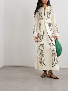 Whether styled as a dress or a beach coverup, Tory Burch's kaftan is an elegant choice. It's made from lightweight linen and appliquéd with muted flowers. Use the optional waist belt to cinch your frame. Linen Caftan, Muted Flowers, Linen Kaftan, Cotton Midi Skirt, Leather Thong Sandals, Tory Burch Miller, Fine Linen, Designer Swimwear, Kaftan Dress