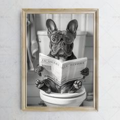 a black and white photo of a dog with glasses reading a book in a toilet