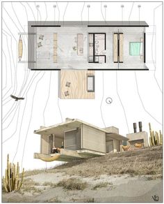 an architectural drawing of a house on top of a hill