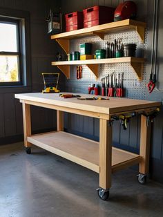 a workbench with lots of tools on it