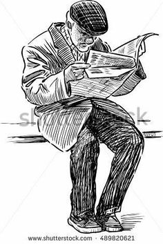 a man sitting on a bench reading a newspaper, vintage line drawing or engraving illustration