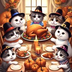 a group of cats sitting at a table with a turkey in front of them on thanksgiving