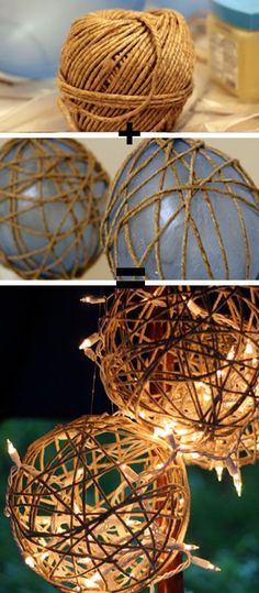 three pictures showing different types of lights and balls of yarn on top of each other