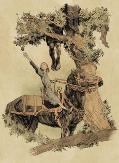 an illustration of a man riding on the back of a horse next to a tree