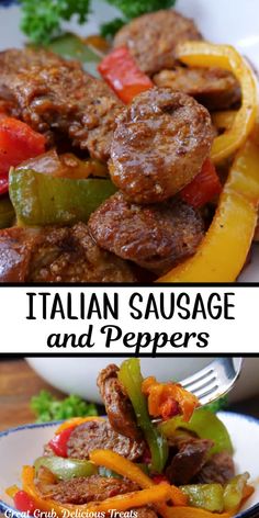 two pictures of sausage and peppers on a white plate with the words italian sausage and peppers