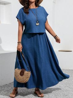 Plus Size Solid Color Crew Neck Batwing Sleeve Casual Top And Pocket Decoration Skirt 2pcs Set Blue Casual  Short Sleeve Woven Fabric Plain  Non-Stretch  Women Plus Clothing, size features are:Bust: ,Length: ,Sleeve Length: Casual Summer Skirt With Fake Two-piece Detail, Casual Fake Two-piece Skirt For Summer, Casual Two-piece Set Dresses For Vacation, Casual Solid Two-piece Skirt, Casual Fake Two-piece Mini Skirt, Color Crew, Elegant Dresses Long, Casual Top, Batwing Sleeve