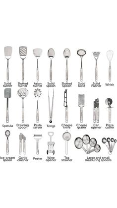 the different types of kitchen utensils are shown in black and white, including one with