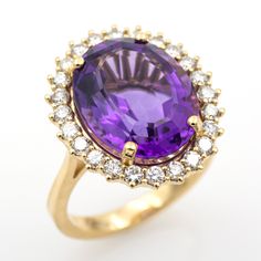 Gold Amethyst Ring With Diamond Halo Setting, Yellow Gold Amethyst Diamond Ring With Halo Setting, Yellow Gold Amethyst Ring With Brilliant Cut, Brilliant Cut Yellow Gold Amethyst Ring, High Jewelry Ring, Jewellery Ring, Yellow Gold Ring, Multi Stone Ring, Multi Stone