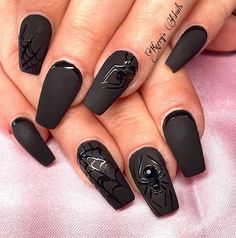 Get inspired with 27 bold black Halloween nail designs that are perfect for making a spooky statement this season. Unique, edgy, and totally on-trend! Matte Black Spiderweb Nails, Matt Black Halloween Nails, Cool Halloween Nail Designs, Black Nails Halloween Art Designs, Matte And Shiny Black Nails, Matte Black Halloween Nails Design, Nail Matte Designs, Spider Nails Art Halloween, Black Matte Halloween Nails