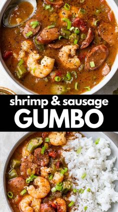 shrimp and sausage gumbo in a white bowl with rice