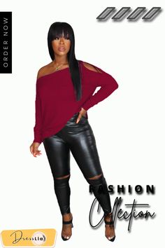 Solid Off Shoulder Long Sleeve Pullover T Shirt Streetwear Long Sleeve Tops For Fall, Casual Stretch Tops For Winter, Trendy Crew Neck Top For Fall, Casual Tops For Streetwear In Fall, Solid Color T-shirt For Fall Streetwear, Trendy Stretch T-shirt For Fall, Trendy Stretch Fall T-shirt, Stretch Winter T-shirt, Oversized Tops For Fall