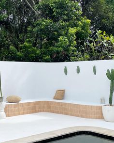 a pool surrounded by trees and plants next to a wall with succulents on it