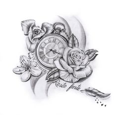 a drawing of a clock with roses on it