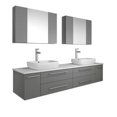 two sinks and mirrors are shown in this bathroom setting with grey cabinets, white counter tops, and chrome faucets