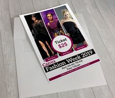 a ticket for a fashion week with pictures of women in dresses on the front and back