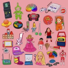 a bunch of different items that are on a pink background, including toys and electronics