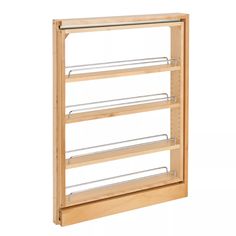 a wooden shelf with four metal shelves on it