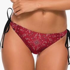 Womans Red Paisley Bandana Print Brazilian Tie Side Bikini Bottom. Condition-New Without Tags Size Large Red/White/Black New O Red Adjustable Tie-side Swimwear Bottom, Red Stretch Festival Swimwear, Red Bohemian Swimwear For Sunbathing, Casual Red Swimwear For Festivals, New O, Red Bandana, Bandana Print, Lady In Red, New Black