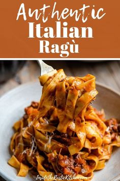 the cover of authentic italian ragu is shown on a plate with a fork in it